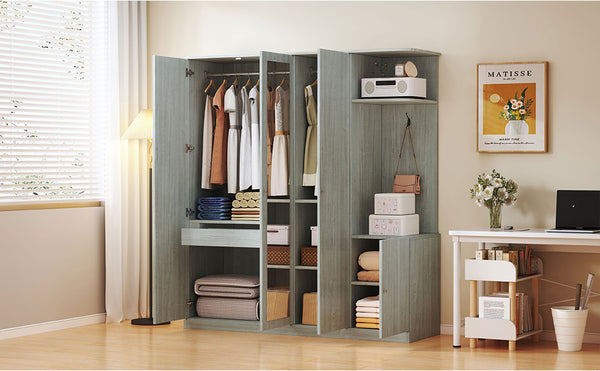 English Elm 4-Door Wardrobe with Full-Length Mirror, Dust-Proof Compartments, Shoe Door & Anti-Tip Safety Features Gray N820S00056E