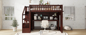 English Elm Twin Loft Bed with Movable Desk Open Shelving and Storage Stairs in Espresso W1580S00336