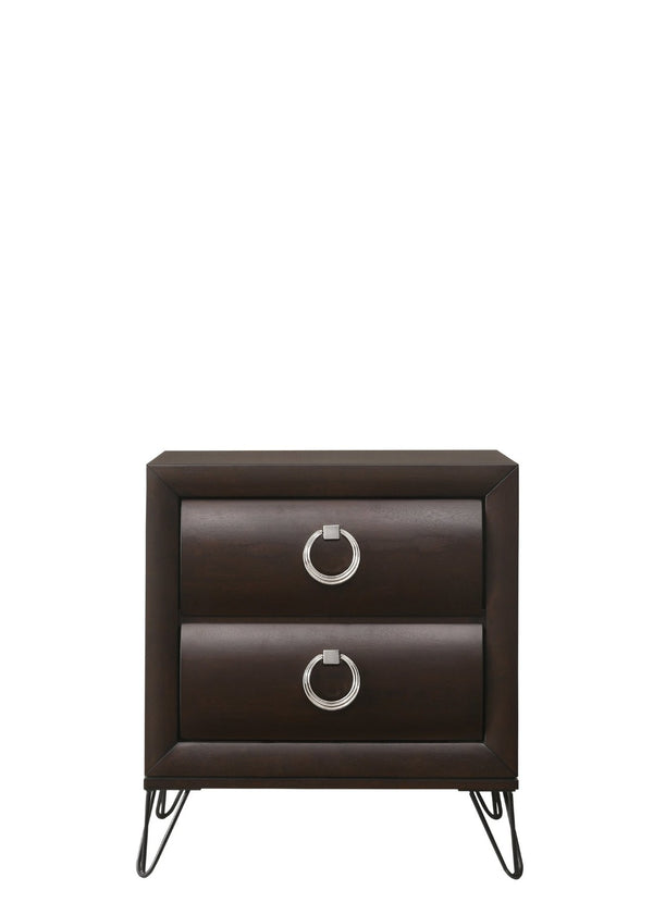 English Elm Tablita Two Drawer Nightstand with V-leg Base and Dark Merlot Rubberwood Finish B2726P411559