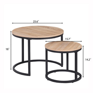 English Elm 24" Round Nesting Coffee Tables Natural Oak Mdf Top Metal Frame Modern Industrial Set W3151P412658