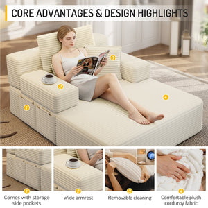 English Elm Luxurious Corduroy Convertible Chaise Lounge Sofa Bed with Foam Support for Apartments Beige W3219P449012