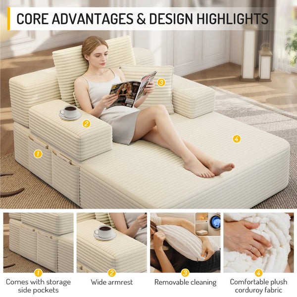 English Elm Luxurious Corduroy Convertible Chaise Lounge Sofa Bed with Foam Support for Apartments Beige W3219P449012