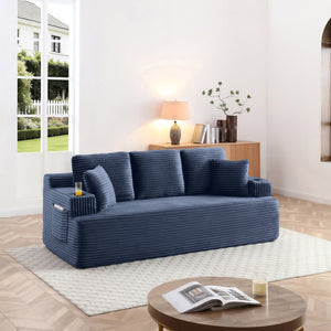 English Elm Boneless Floor Sofa Corduroy Upholstered 5 Seat Low Profile with Cup Holders for Living Room Blue W1117S00433