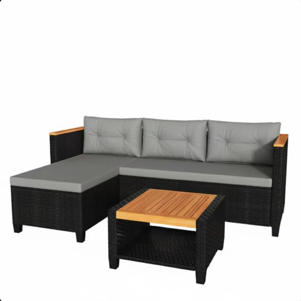 English Elm 3-piece Outdoor Pe Rattan L-shaped Sectional with Acacia Storage Table for Patio Black+Grey B082P455129