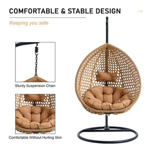 English Elm 76.8-inch Hand Woven Rattan Egg Swing Chair Indoor Outdoor with Cushion Lumbar Pillow Yellow W1512P498594