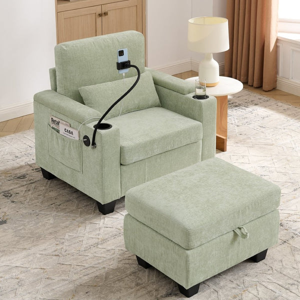 English Elm Single Chenille Manual Recliner with Usb Port Hidden Storage Ottoman and Cup Holders Cyan W487P423654