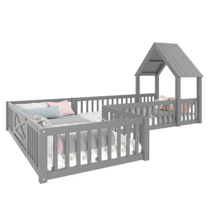 English Elm Twin House Floor Bed with Door and Full-Length Guardrails, Solid Wood Double Twin Floor Bed for Kids' Playful Rooms Grey W1580P354638
