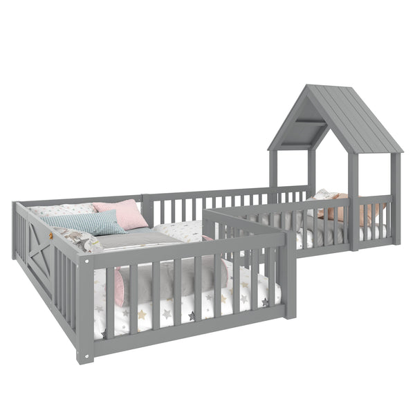 English Elm Twin House Floor Bed with Door and Full-Length Guardrails, Solid Wood Double Twin Floor Bed for Kids' Playful Rooms Grey W1580P354638