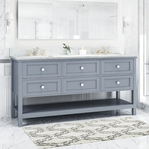 Christopher Knight Home® - Noble House - - 73'' Bathroom Vanity With Marble Top & Double Ceramic Sinks, 4 Drawers, Open Shelf, Grey