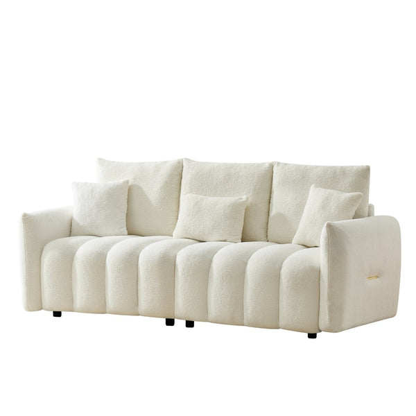 English Elm 78 Inch Teddy Velvet Three Seat Sofa Solid Wood Frame Plush Cushions for Living Room Off White W2564S00127