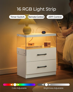 English Elm Nightstand with LED Lights and Adjustable Colors, Modern Bedside Table with Power Outlets & Drawers White 22 L x 8 W x 18 H W2178P252967