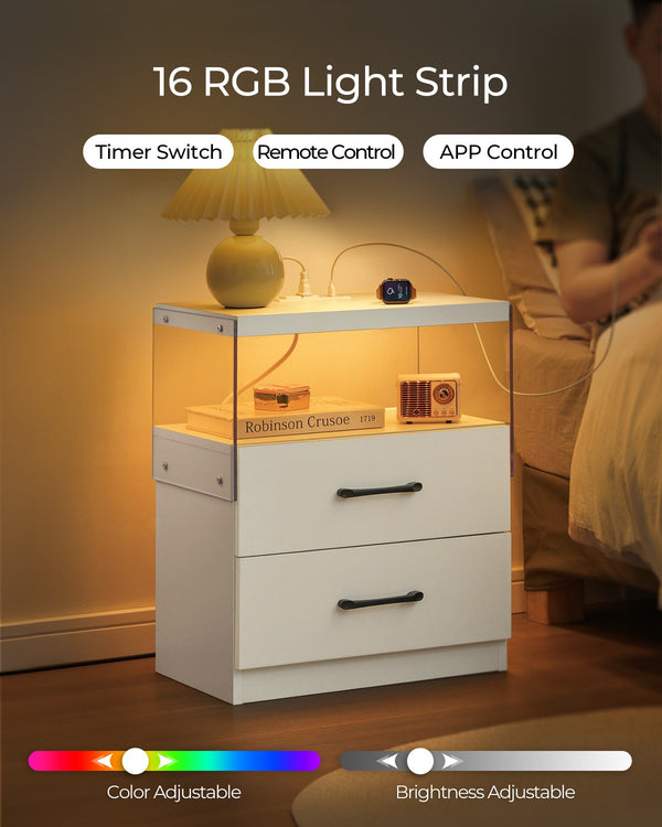 English Elm Nightstand with LED Lights and Adjustable Colors, Modern Bedside Table with Power Outlets & Drawers White 22 L x 8 W x 18 H W2178P252967