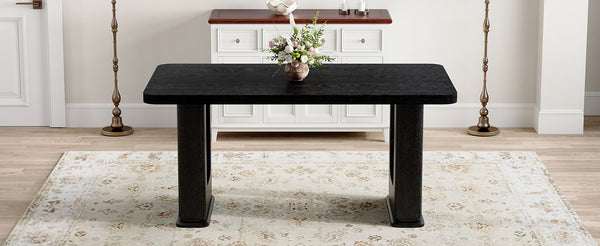 English Elm 64.5 Inch Black Wood Grain Textured Dining Table with Gray Glass Inlay, Robust 1.7" MDF Top, Sleek Design W1151S04297