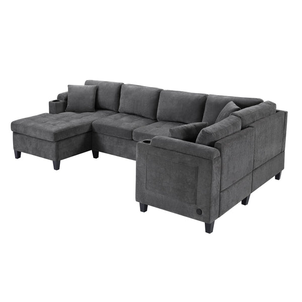 English Elm Modern U-shaped Sectional Sofa 115.7" Corner Couch with Chaise, Chenille Tufted Cushions, USB Ports and Storage Grey N719S002150E