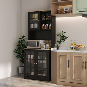 English Elm HOMCOM 72" Kitchen Pantry Hutch Cabinet with Glass Doors, Large Countertop, Adjustable Shelves, Black W2225P200665