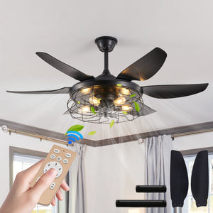 English Elm 52" Modern Black Ceiling Fan with Light Remote, 6-Blade Industrial Cage, Silent DC Motor, Reversible Speed W1340P272386