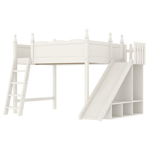 English Elm Twin Loft Bed Solid Pine Frame with Wardrobe Shelving Detachable Slide Kids Room Beige W5305S00023