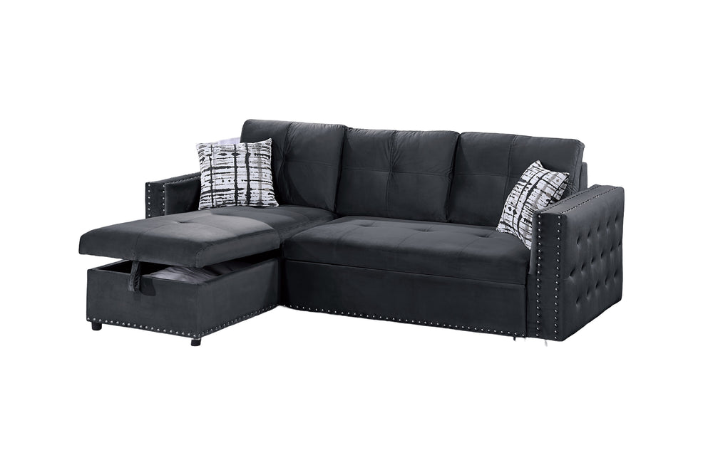 English Elm Black Velvet Convertible Sectional Sofa with Pull-Out Bed, Reversible Storage Chaise, Tufted Elegance B011S01023
