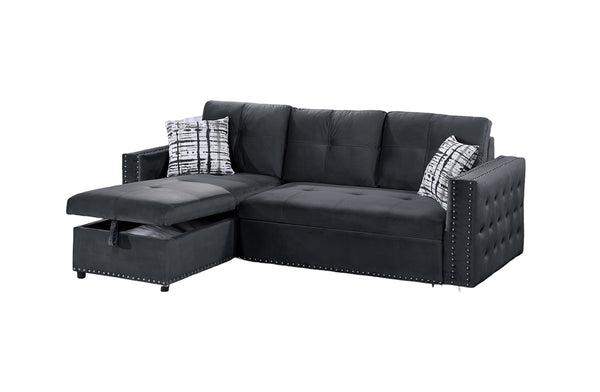 English Elm Black Velvet Convertible Sectional Sofa with Pull-Out Bed, Reversible Storage Chaise, Tufted Elegance B011S01023
