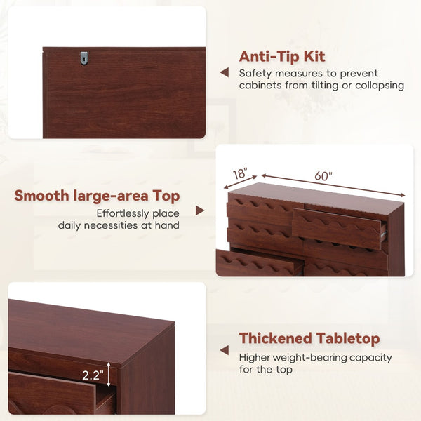 English Elm 60" Wave Front Six Drawer Dresser Sculptural Engineered Wood Media Console for Bedroom Walnut N739S0000011D