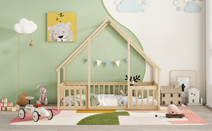 English Elm Twin Wood House-Shaped Floor Bed with Fence and Guardrails – Playful Pine Frame for Imaginative Kids Retreat Natural W504P143291