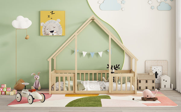 English Elm Twin Wood House-Shaped Floor Bed with Fence and Guardrails – Playful Pine Frame for Imaginative Kids Retreat Natural W504P143291