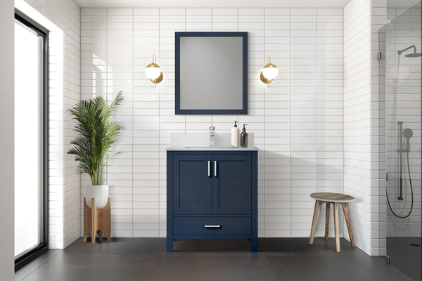 English Elm Navy 30" Bath Vanity with White Quartz Top, Soft-Close Drawer, Chrome Faucet & Spacious Storage B2731P259012