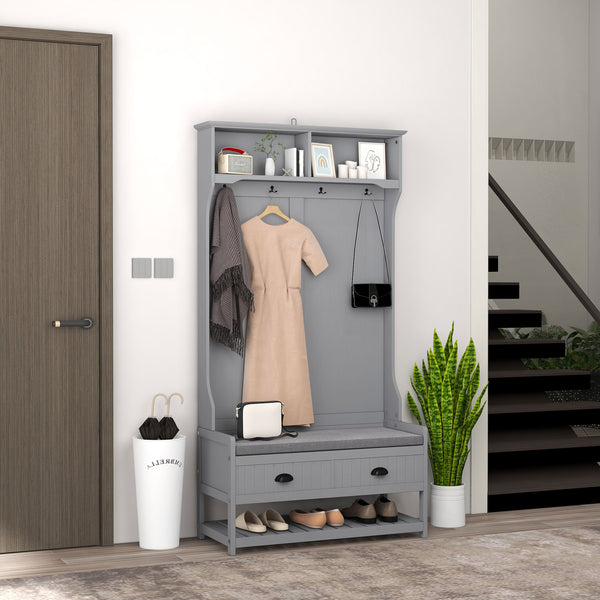 English Elm HOMCOM Entryway Hall Tree with Bench and 5 Double Hooks, Shoe Storage, Anti-Tip Mudroom Organizer Gray W2225P249585