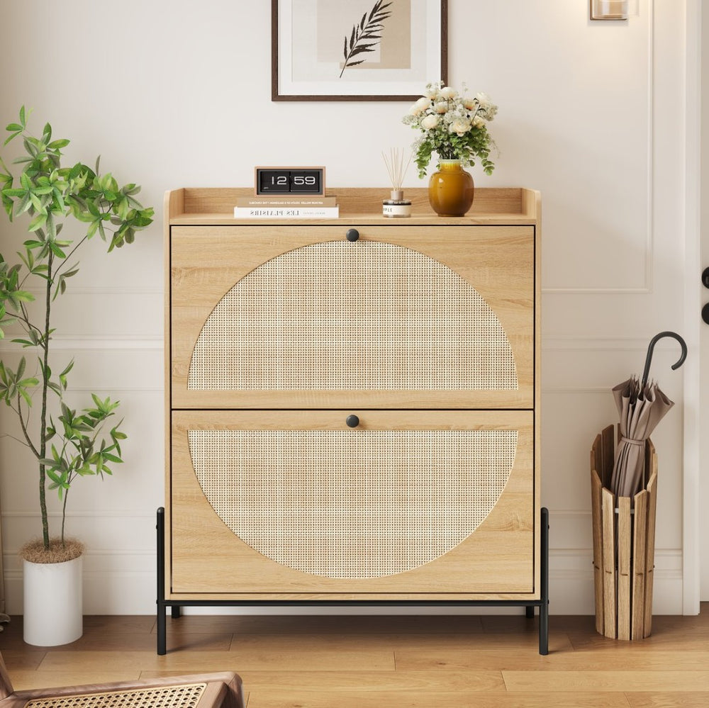 English Elm 2-drawer Rattan Front Shoe Cabinet Slim Entryway Organizer with Walnut Mdf Frame W5221P414212