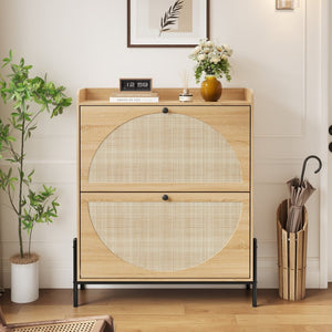 English Elm 2-drawer Rattan Front Shoe Cabinet Slim Entryway Organizer with Walnut Mdf Frame W5221P414212