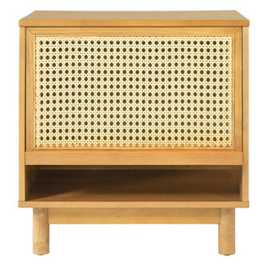 English Elm Wood and Rattan Nightstand with Lift Door Hidden Cabinet for Coastal Bedroom Decor N758P412497N