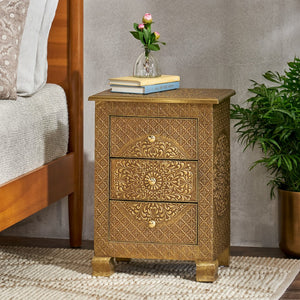 Christopher Knight Home® - Noble House - Upson Handcrafted Boho 3 Drawer Nightstand, Gold