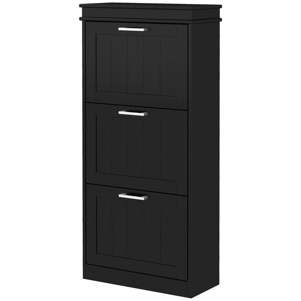 English Elm Homcom Slim Shoe Cabinet - Modern Entryway Organizer With 3 Flip Drawers For 15 Pairs, Black Finish W2225P229501
