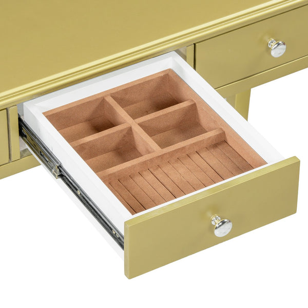 English Elm Luxury Makeup Vanity Desk with Oval Mirror and Engraved Floral Frame, Velvet Jewelry Tray, Durable Drawers and Elegant Console for Bedroom & Living Room Decor Gold N844P292481G