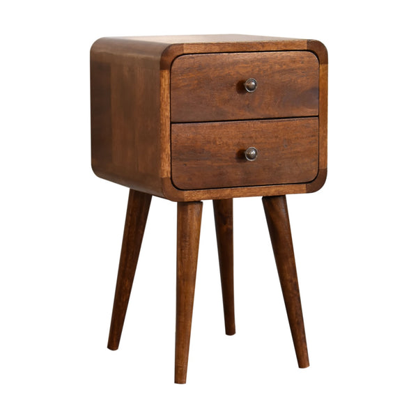 English Elm Soli Solid Mango Wood Mini Chestnut Nightstand with 2 Drawers, Curved Beige-Brown Design, Nordic Legs B182P213806