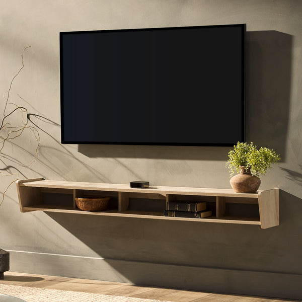 English Elm Walker Edison - Modern Wall-Mounted Floating TV Stand Coastal Oak – Minimalist MDF Shelf for TVs up to 70", 5 Cubby Storage, Cord Management, Hardware Included Light Brown 69 L x 14 W x 4 H B185P168908