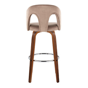 English Elm Fixed-height Swivel Barstools Walnut Legs Taupe Velvet Seat Chrome Footrest Set B202S01889