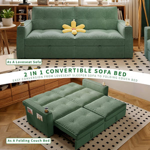 English Elm SOMNUS Convertible Sofa Bed with Corduroy Upholstery, Space-Saving 2-in-1 Design, Durable Steel Frame Green W3820S00011
