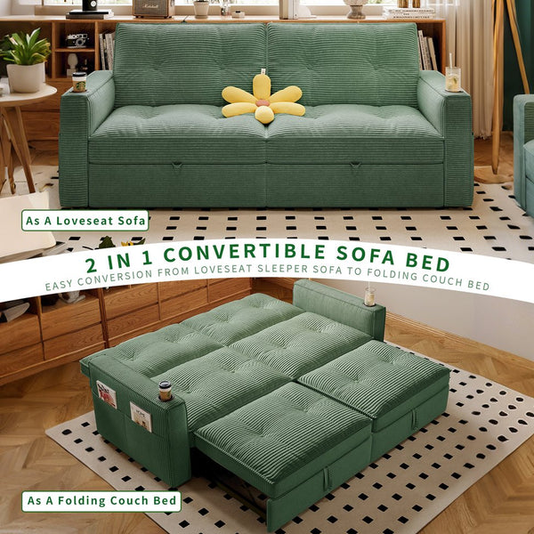 English Elm SOMNUS Convertible Sofa Bed with Corduroy Upholstery, Space-Saving 2-in-1 Design, Durable Steel Frame Green W3820S00011