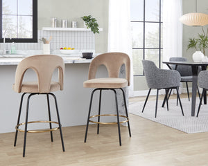 English Elm Fixed-height Swivel Counterstools with White Upholstery Gold Footrest Set of 2 Taupe B202S01792