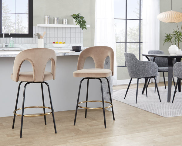 English Elm Fixed-height Swivel Counterstools with White Upholstery Gold Footrest Set of 2 Taupe B202S01792