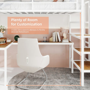 English Elm Loft Bed with L-shaped Desk Stair Storage and Full Guardrail Iron Frame White W1935S00008