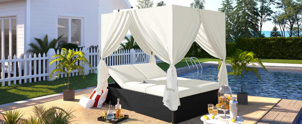 English Elm U_style Outdoor Double Daybed Resort Canopy Lounge with Steel Frame and Adjustable Backrests Beige WY000476AAK