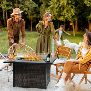 English Elm Outdoor Fire Pit 50,000 BTU Propane Gas Fire Table with Wicker Base, Glass Wind Guard, Lid, Patio Warmer Black+Brown W213P266078