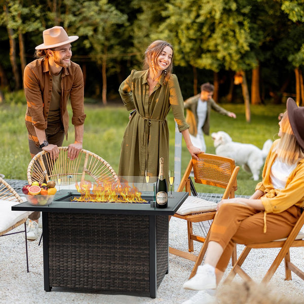 English Elm Outdoor Fire Pit 50,000 BTU Propane Gas Fire Table with Wicker Base, Glass Wind Guard, Lid, Patio Warmer Black+Brown W213P266078