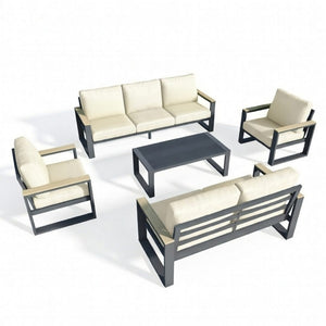 English Elm All-weather 5 Piece Aluminum Patio Conversation Set 7 Seat with Tempered Glass Table Beige+Grey B082S00115