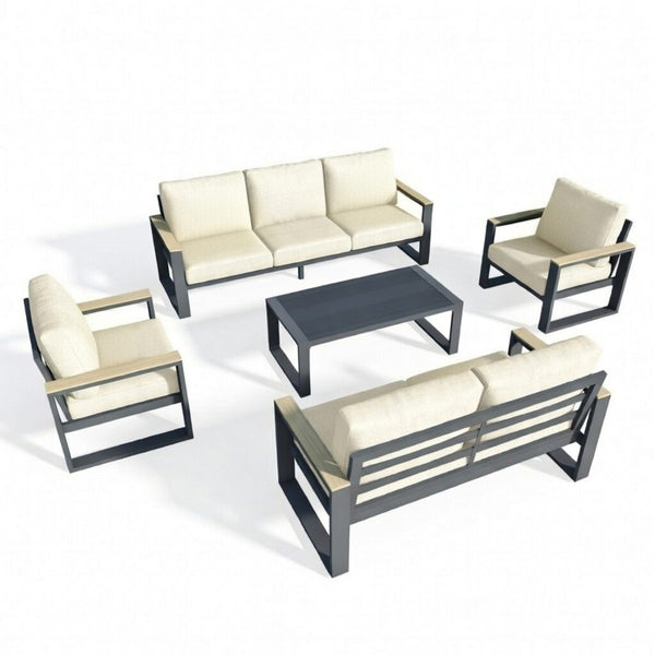 English Elm All-weather 5 Piece Aluminum Patio Conversation Set 7 Seat with Tempered Glass Table Beige+Grey B082S00115