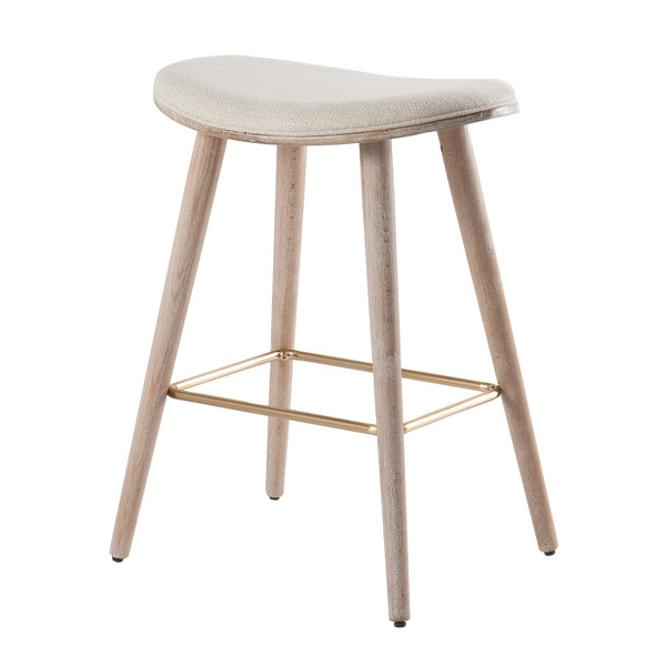 English Elm Saddle Contemporary 26" Counter Stool Set of 2 - Cream Fabric, Whitewashed Wood Legs & Gold Metal Accents B202P222109