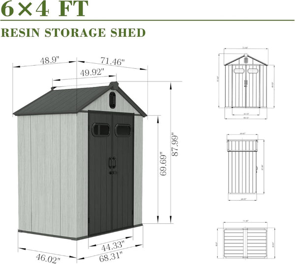 English Elm 6x4ft Outdoor Resin Storage Shed Gable Roof Skylight Vented Lockable Garden Unit W1859S00172