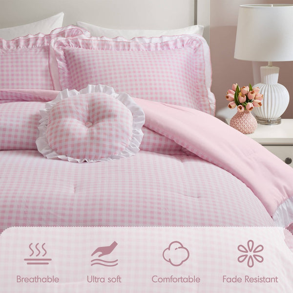 English Elm 4-piece Gingham Ruffle Comforter Set Romantic Cottage Bedroom Brushed Polyester Fill Pink B035P463188